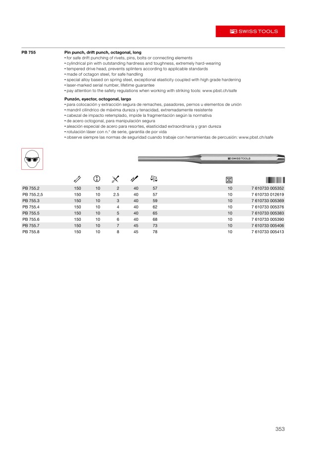 755-5 | Parallel Pin Punch (Octagon Cylinder) 755 | PB SWISS