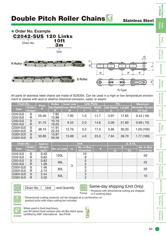 frijoles Acorazado Dependiente C2052-SUSOL | Cadena de rodillos de doble paso de acero inoxidable |  Katayama Chain | MISUMI México
